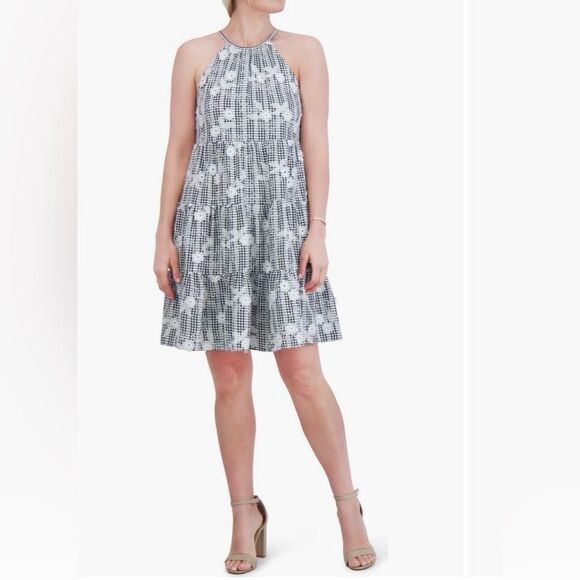 Eliza J Embroidered Floral Gingham Tiered Dress White/Black  8 - Picture 1 of 5